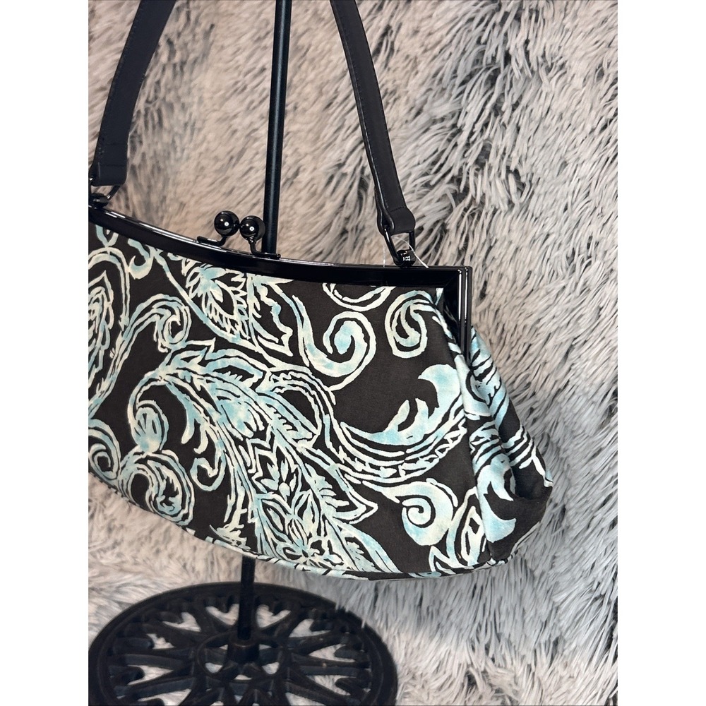 TALBOTS Kisslock Frame Shoulder Bag Brown Turquoise Paisley Print Silk Blend NWT - Picture 2 of 10